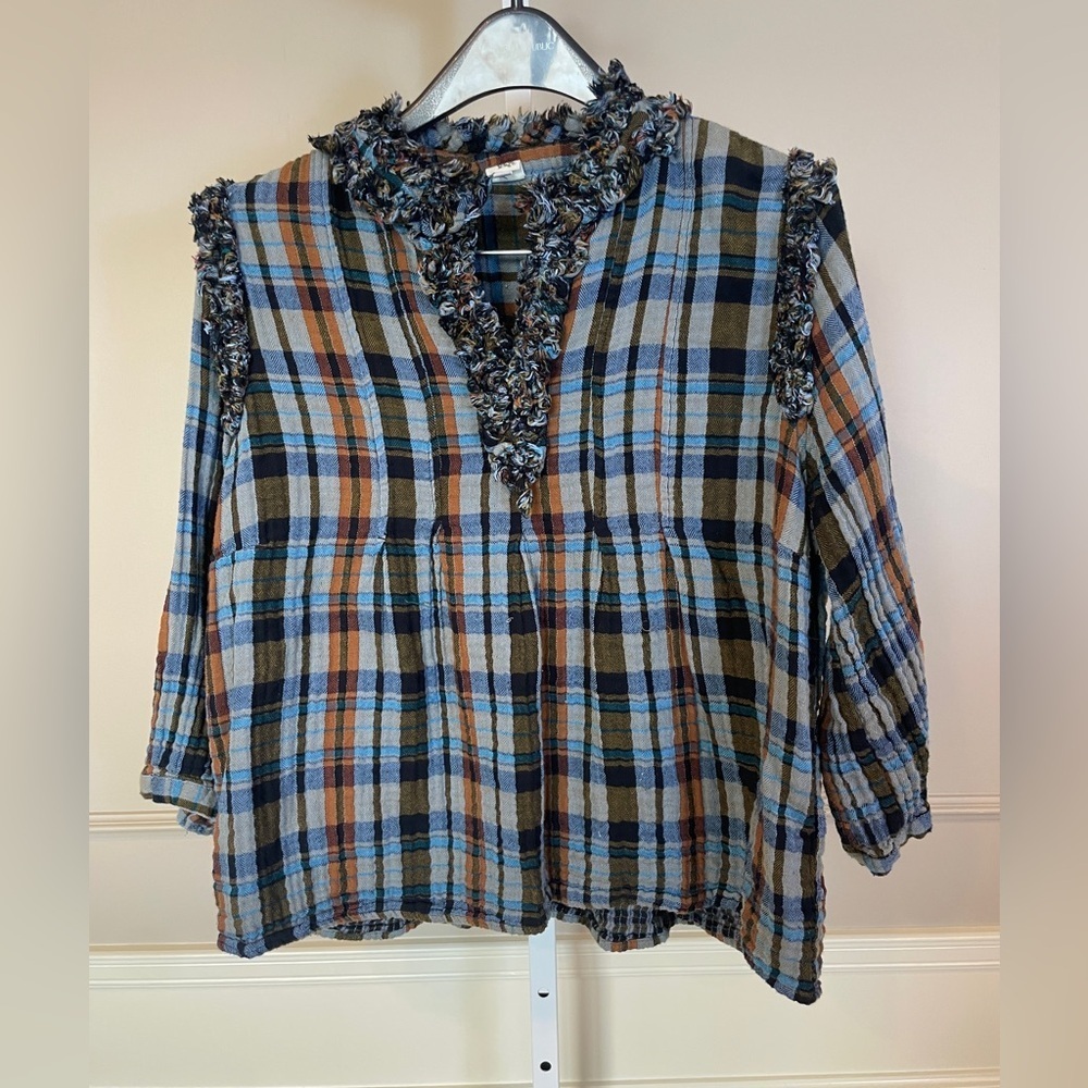 Ivy Jane Large Plaid & Ruffles Blouse Popover Gauze Top Blue Brown Rodeo Western